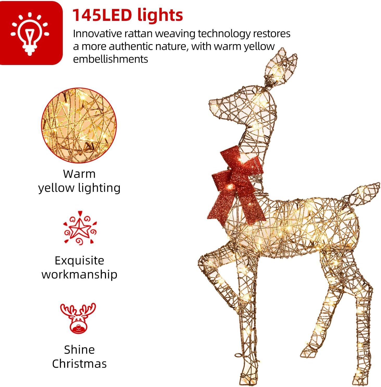 KTX-516371 Lighted 4ft Rattan Reindeer Family Set - 3-Piece Christmas Outdoor Decorations with 145 Warm White LEDs
