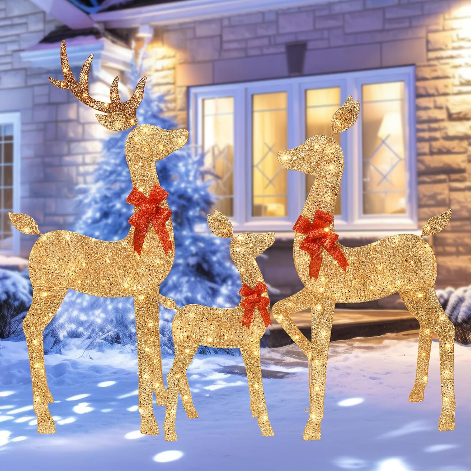 KTX-516371 Lighted 4ft Rattan Reindeer Family Set - 3-Piece Christmas Outdoor Decorations with 145 Warm White LEDs