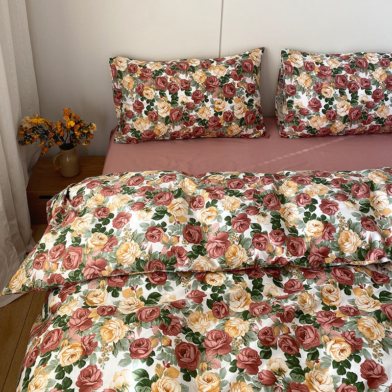 KTX-517331 Cotton Retro Four-Piece Bed Sheet and Duvet Cover Set for 1.2m to 2m Beds with Floral Patterns
