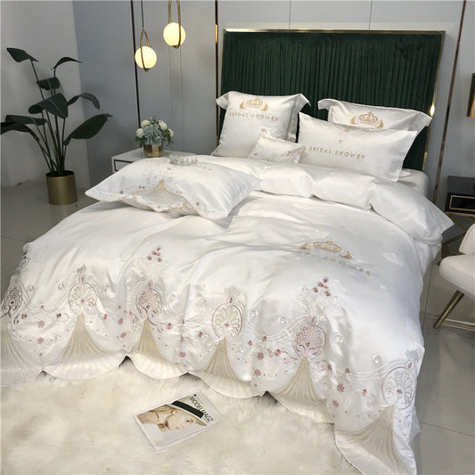 KTX-519955 Light Luxury Embroidery Washed Satin Ice Silk 4-Piece Bedding Set - Plant Floral Design