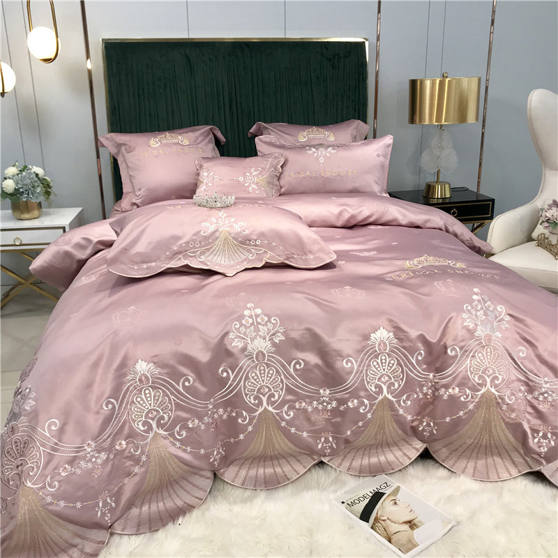 KTX-519955 Light Luxury Embroidery Washed Satin Ice Silk 4-Piece Bedding Set - Plant Floral Design