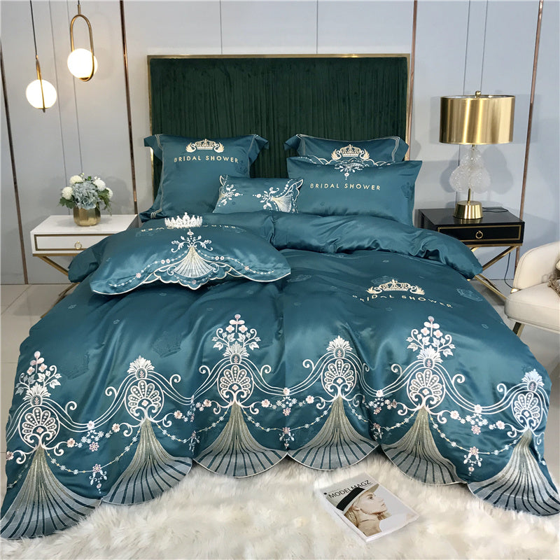 KTX-519955 Light Luxury Embroidery Washed Satin Ice Silk 4-Piece Bedding Set - Plant Floral Design