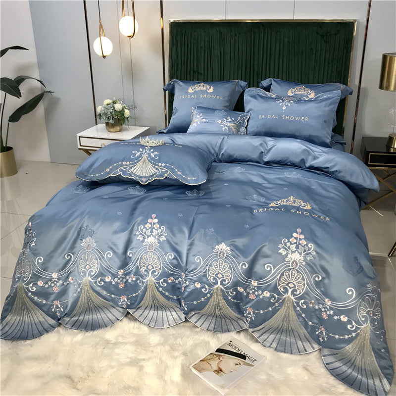 KTX-519955 Light Luxury Embroidery Washed Satin Ice Silk 4-Piece Bedding Set - Plant Floral Design