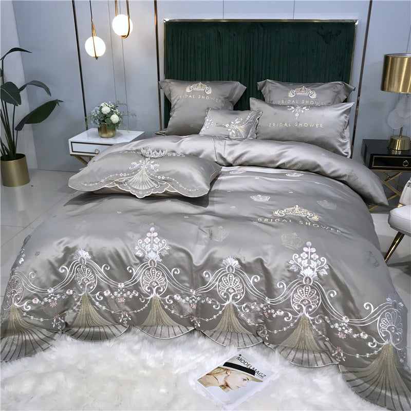 KTX-519955 Light Luxury Embroidery Washed Satin Ice Silk 4-Piece Bedding Set - Plant Floral Design