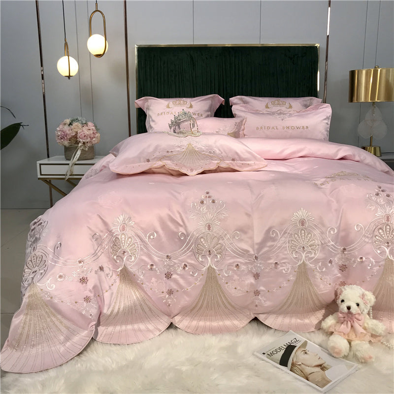 KTX-519955 Light Luxury Embroidery Washed Satin Ice Silk 4-Piece Bedding Set - Plant Floral Design
