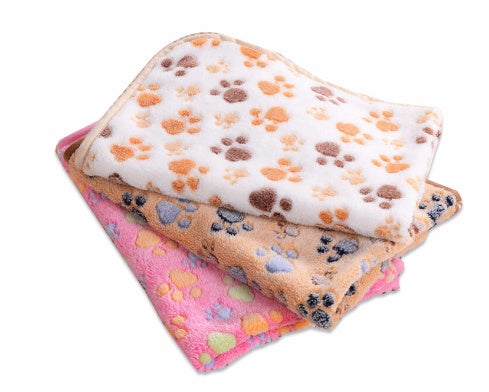 KTX-522707 Soft Paw Print Coral Fleece Pet Blankets in White, Pink, and Brown - Multiple Sizes Available