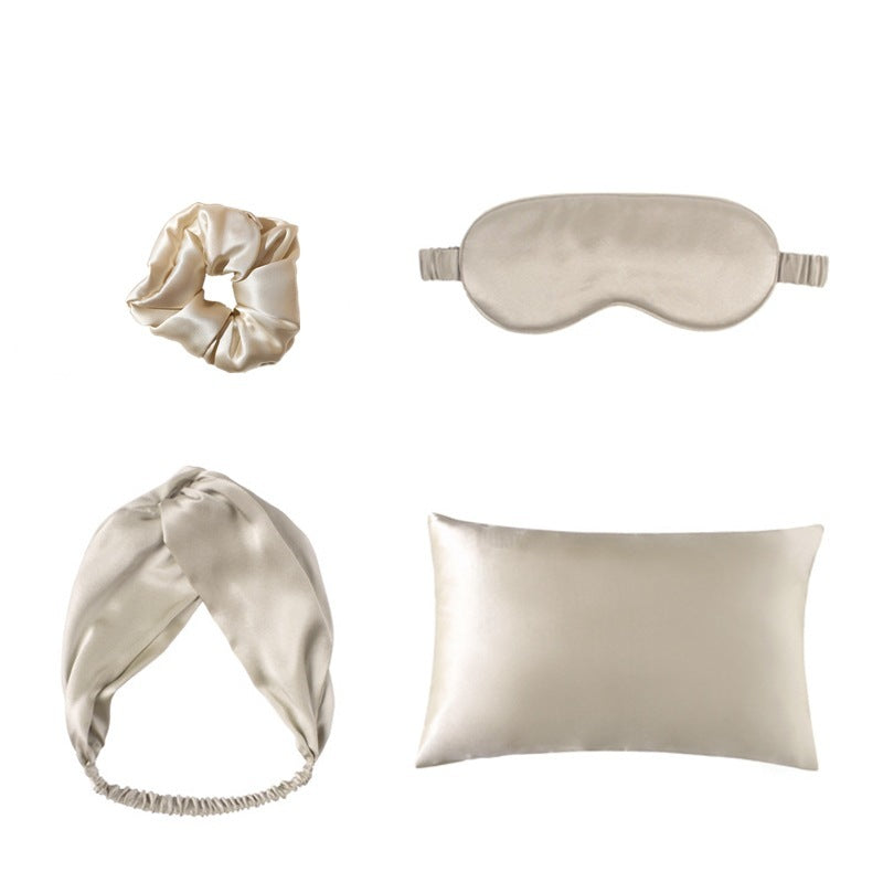 KTX-522771 Double-Sided Silk Eye Mask, Satin Pillowcase, Hair Tie, and Hairband Set - Champagne