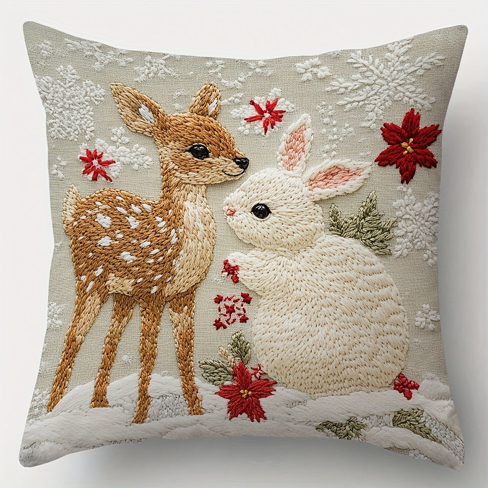 KTX-522835 Christmas Cartoon Elk and Rabbit Decorative Linen Cushion Cover - 45x45cm Size