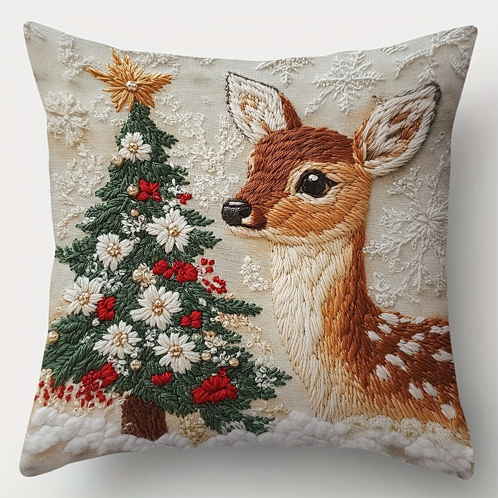 KTX-522835 Christmas Cartoon Elk and Rabbit Decorative Linen Cushion Cover - 45x45cm Size