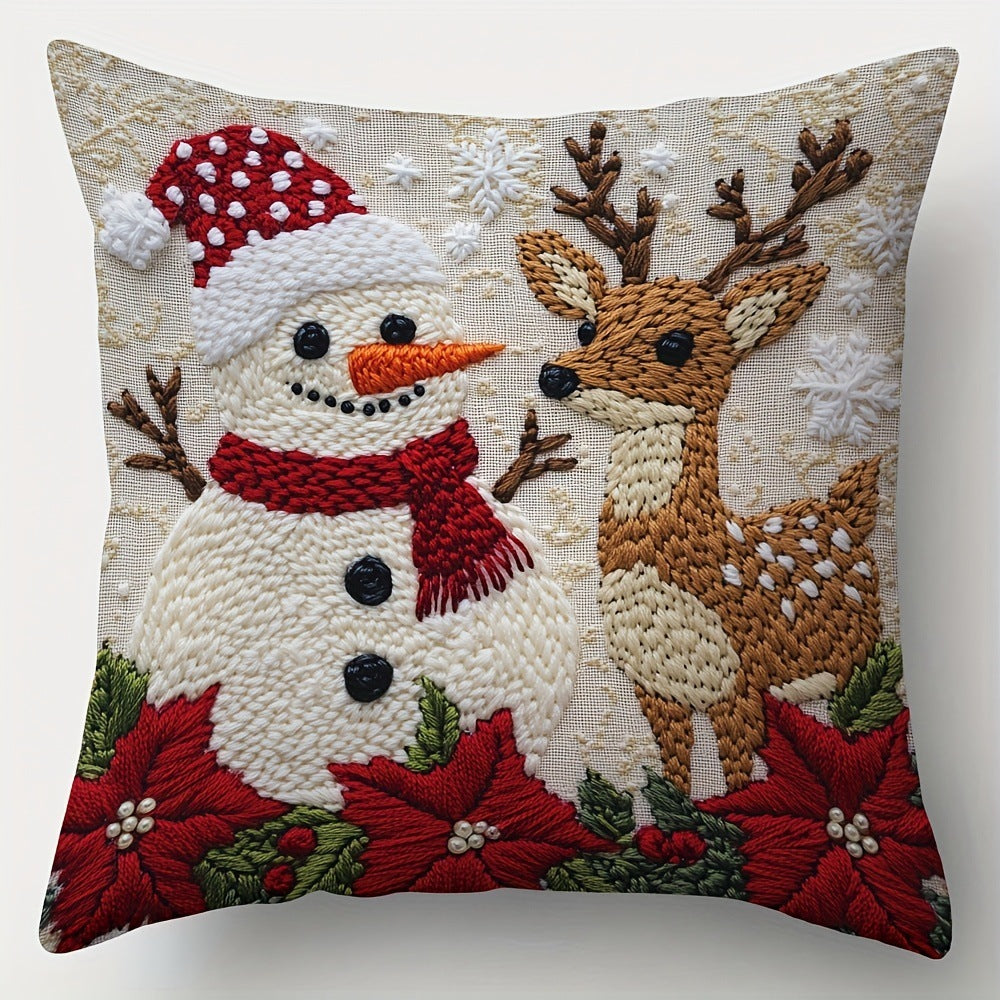 KTX-522835 Christmas Cartoon Elk and Rabbit Decorative Linen Cushion Cover - 45x45cm Size