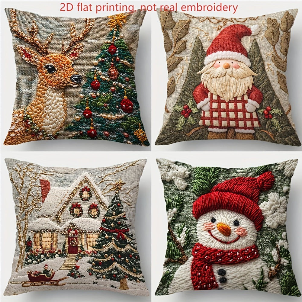 KTX-522835 Christmas Cartoon Elk and Rabbit Decorative Linen Cushion Cover - 45x45cm Size