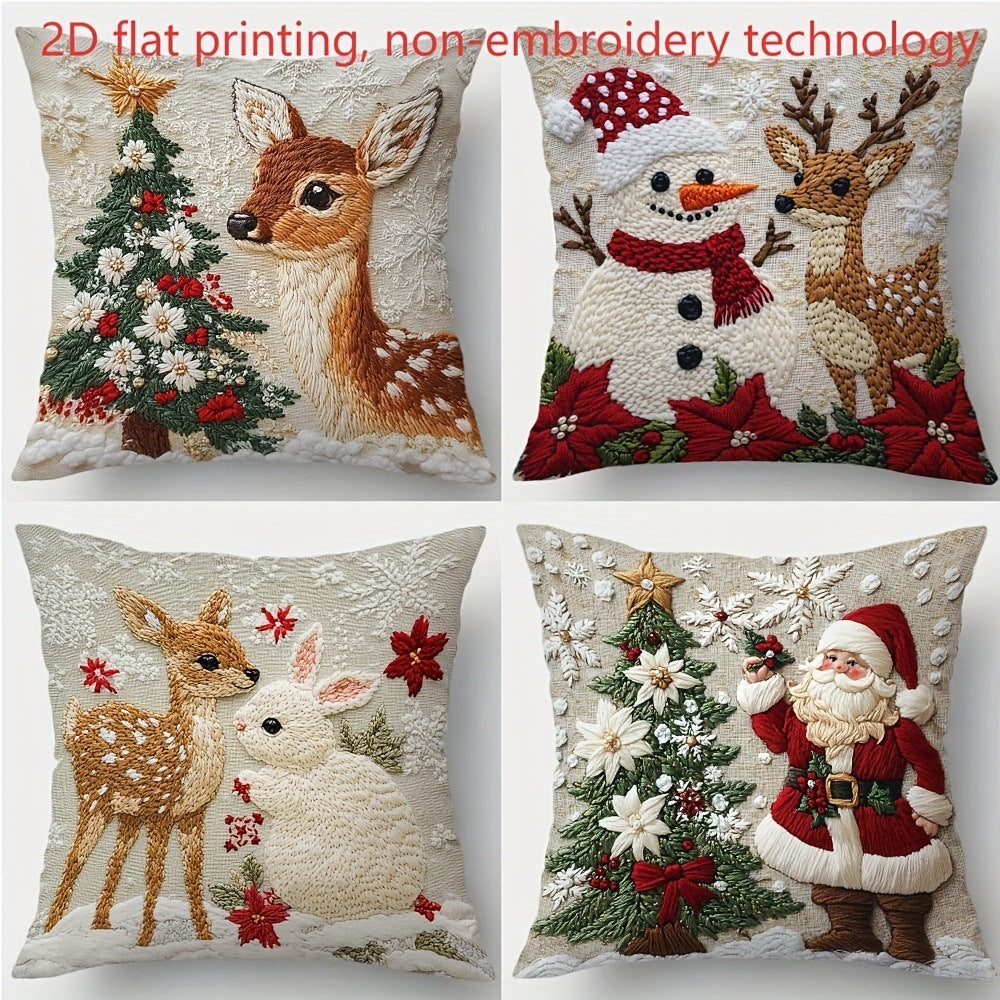 KTX-522835 Christmas Cartoon Elk and Rabbit Decorative Linen Cushion Cover - 45x45cm Size