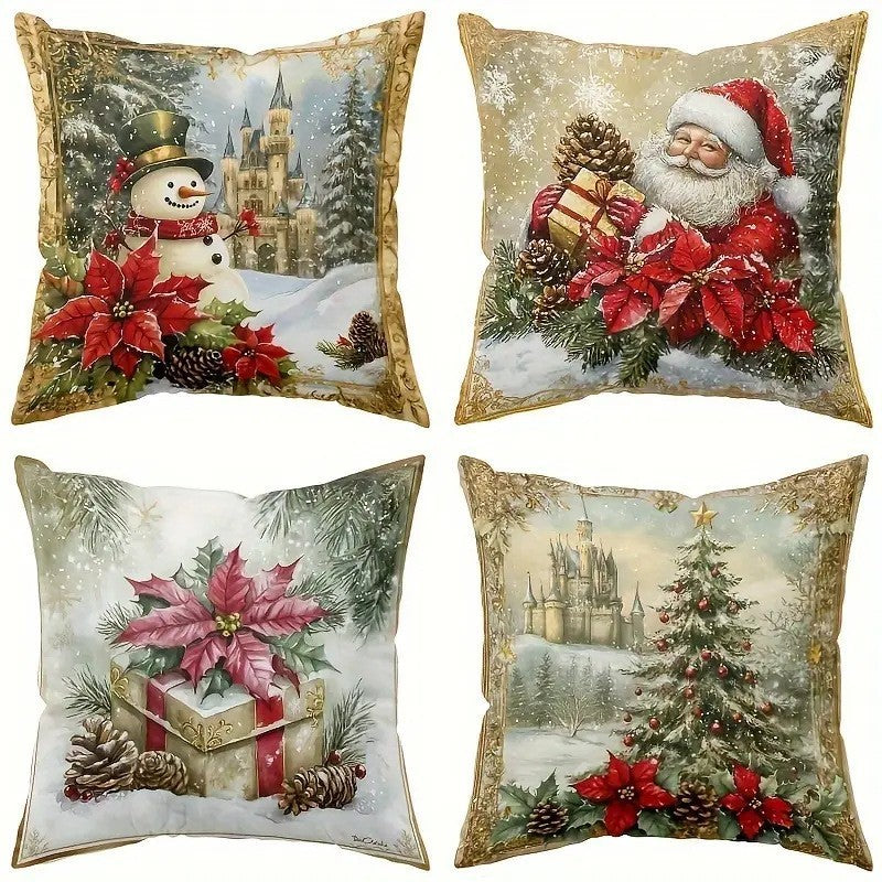KTX-522835 Christmas Cartoon Elk and Rabbit Decorative Linen Cushion Cover - 45x45cm Size
