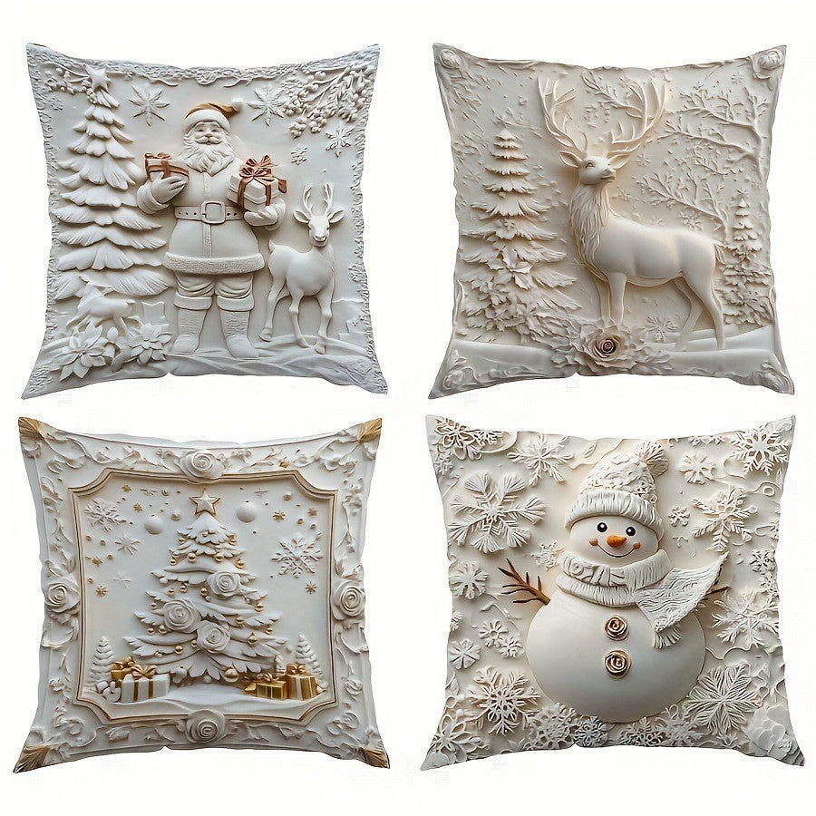 KTX-522835 Christmas Cartoon Elk and Rabbit Decorative Linen Cushion Cover - 45x45cm Size