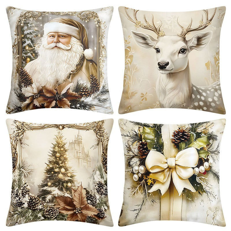 KTX-522835 Christmas Cartoon Elk and Rabbit Decorative Linen Cushion Cover - 45x45cm Size