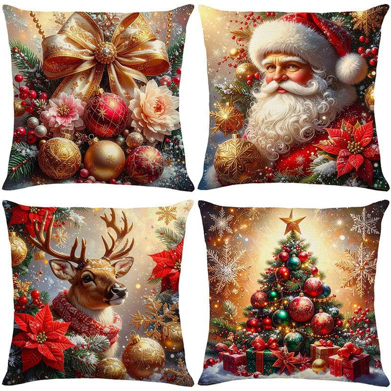 KTX-522835 Christmas Cartoon Elk and Rabbit Decorative Linen Cushion Cover - 45x45cm Size