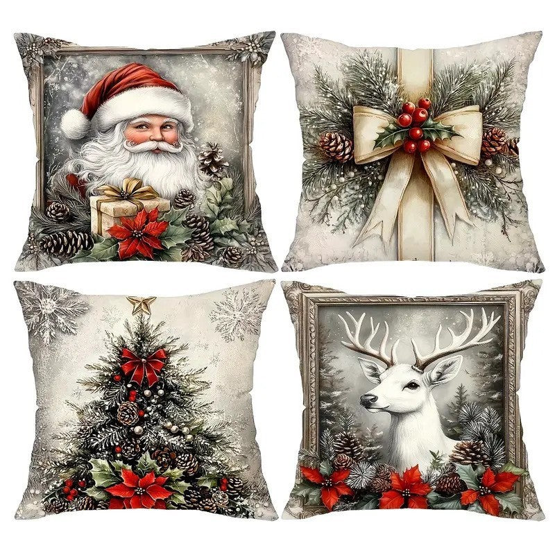 KTX-522835 Christmas Cartoon Elk and Rabbit Decorative Linen Cushion Cover - 45x45cm Size