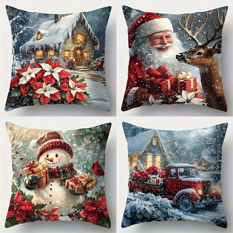 KTX-522835 Christmas Cartoon Elk and Rabbit Decorative Linen Cushion Cover - 45x45cm Size