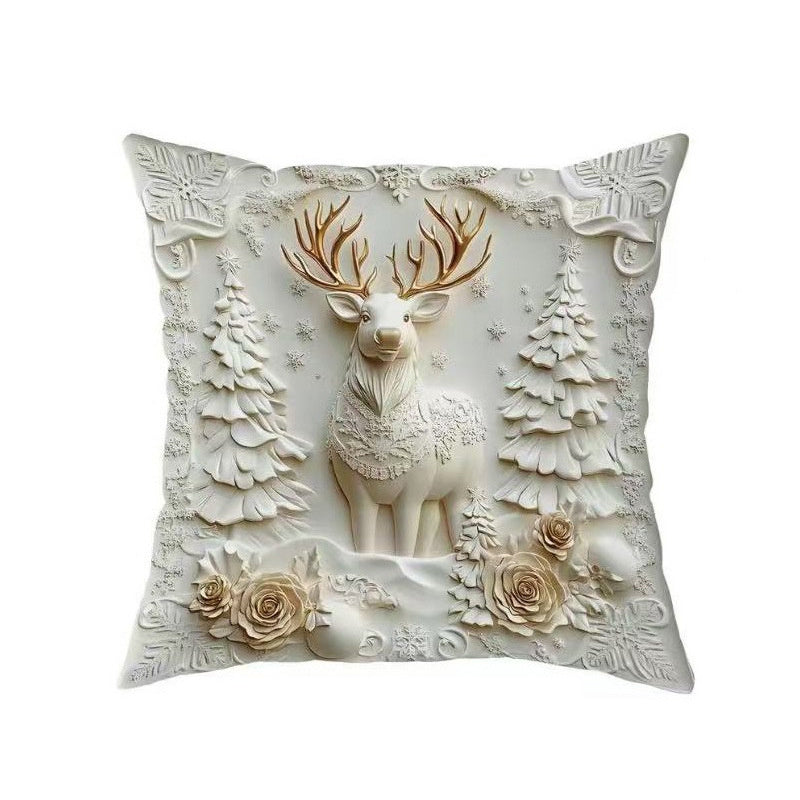 KTX-522835 Christmas Cartoon Elk and Rabbit Decorative Linen Cushion Cover - 45x45cm Size