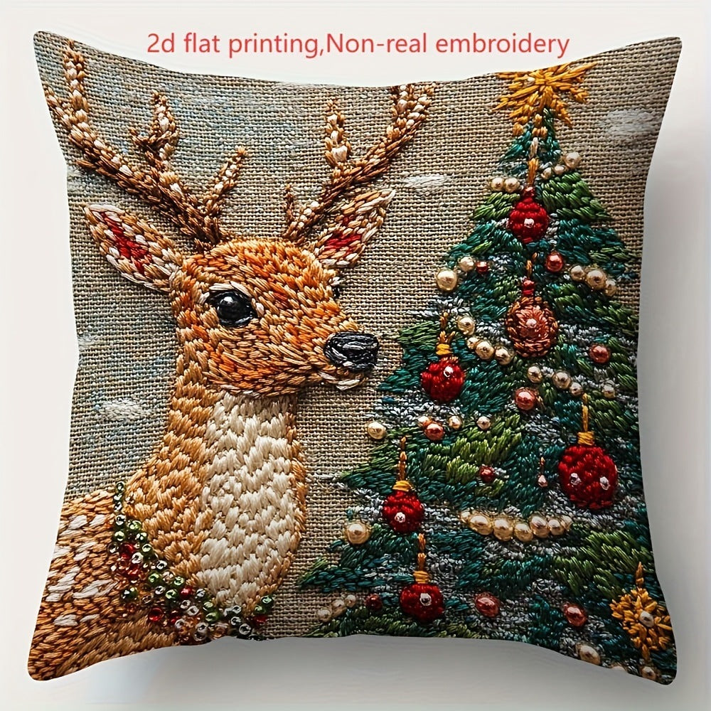 KTX-522835 Christmas Cartoon Elk and Rabbit Decorative Linen Cushion Cover - 45x45cm Size