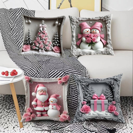 KTX-522835 Christmas Cartoon Elk and Rabbit Decorative Linen Cushion Cover - 45x45cm Size