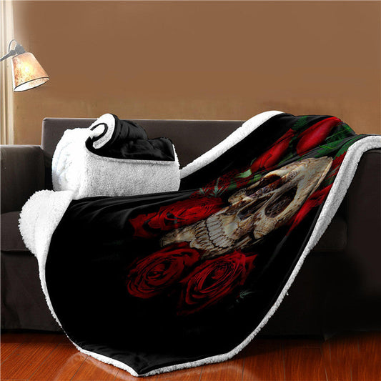 KTX-523091 Double-Layer Coral Fleece Blanket with 3D Skull Design for Sofa & Travel, 150x200 cm