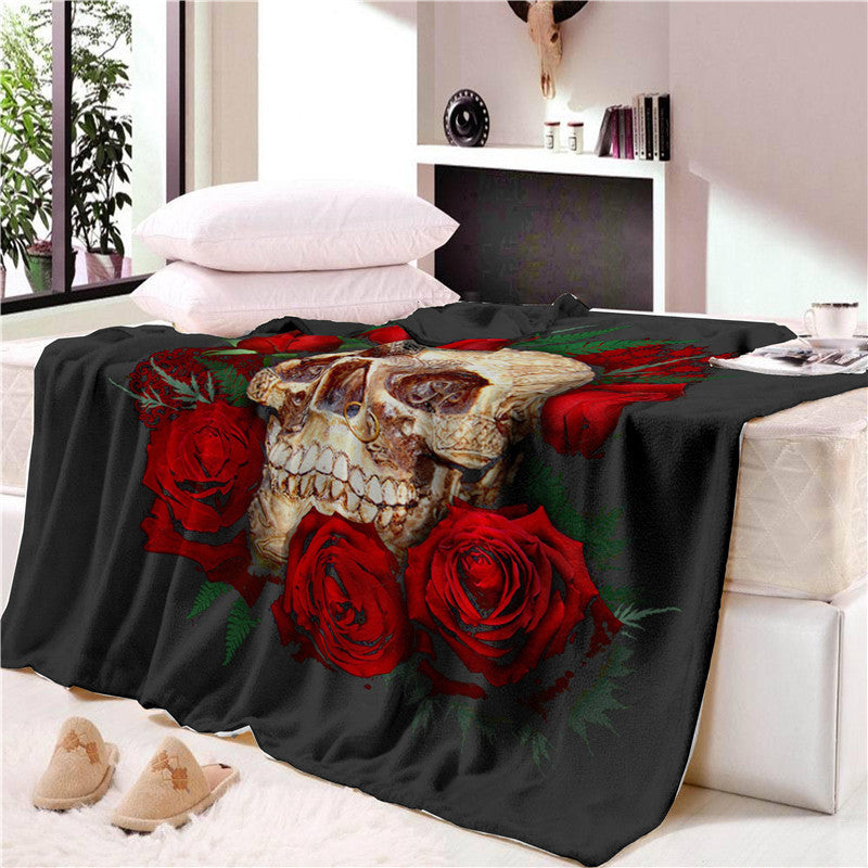 KTX-523091 Double-Layer Coral Fleece Blanket with 3D Skull Design for Sofa & Travel, 150x200 cm