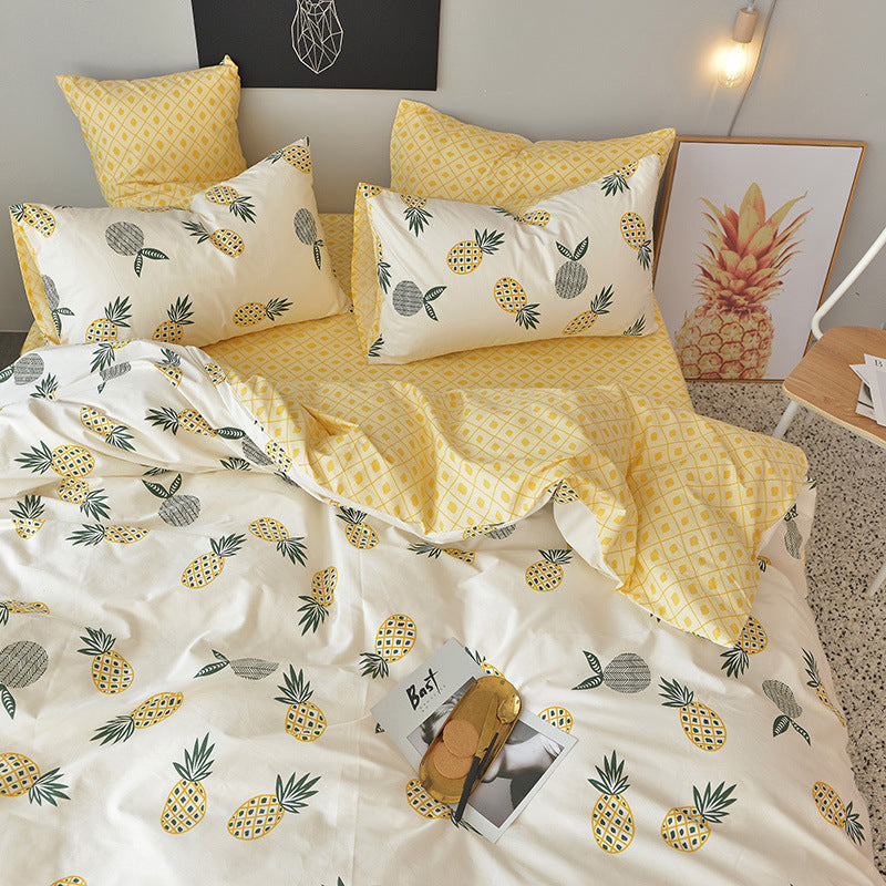 KTX-525395 Cotton 4-Piece Pineapple Duvet Cover Set for Spring and Summer - Includes Quilt Cover, Sheet, Pillowcases