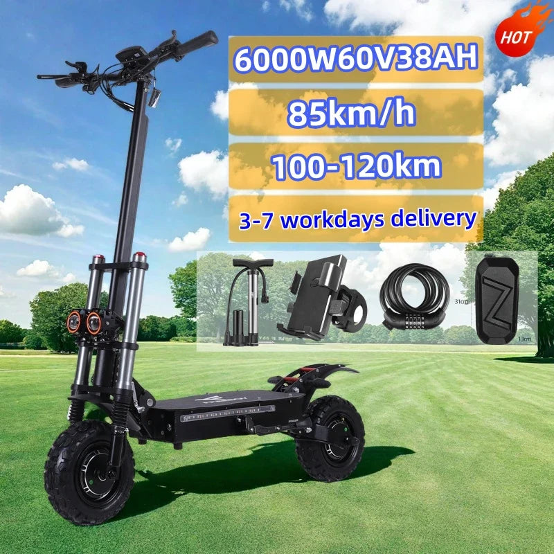 KTX-526739 60V 38AH Electric Scooter with Seat, 6000W Motor, 100-120KM Range, Foldable & Waterproof, Dual Suspension