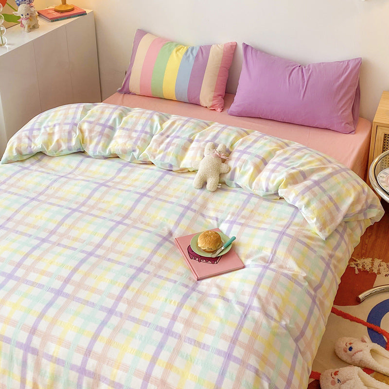KTX-530835 Rainbow Stripes Princess Bedding Set - Modern Cotton Duvet Cover with Heart Design - Available in Multiple Sizes
