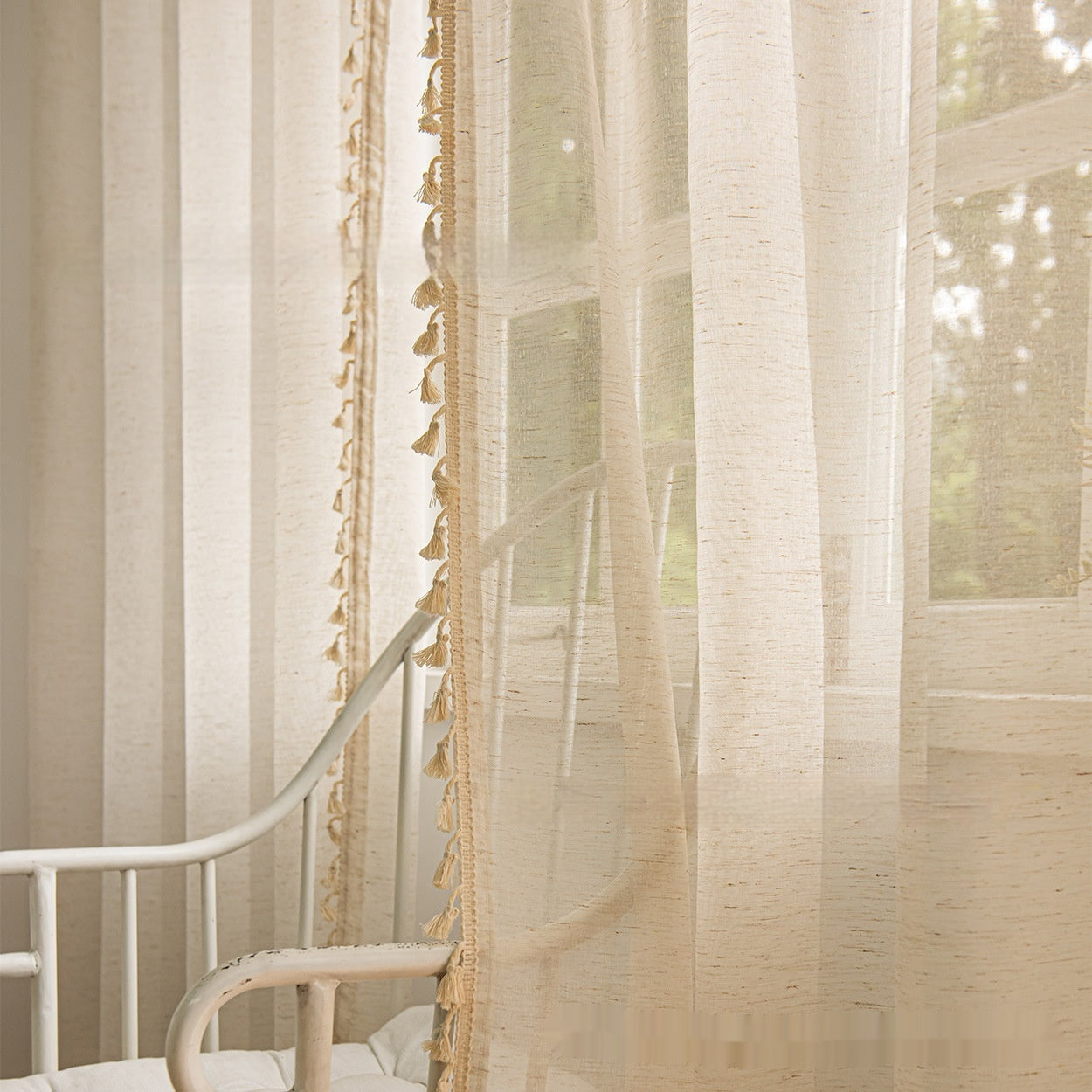 KTX-531539 Bohemian Lace Cotton Linen Texture Semi-Sheer Curtain in Various Sizes
