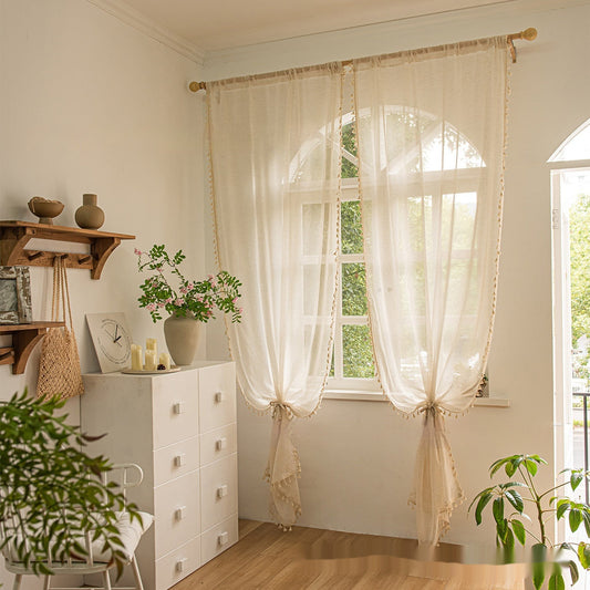 KTX-531539 Bohemian Lace Cotton Linen Texture Semi-Sheer Curtain in Various Sizes