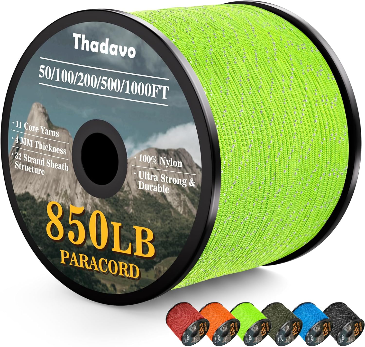 KTX-532179 Reflective Paracord Rope 850lb Strength, 4mm, 50-1000ft Lengths for Camping, Hiking, DIY Projects and Emergency Use