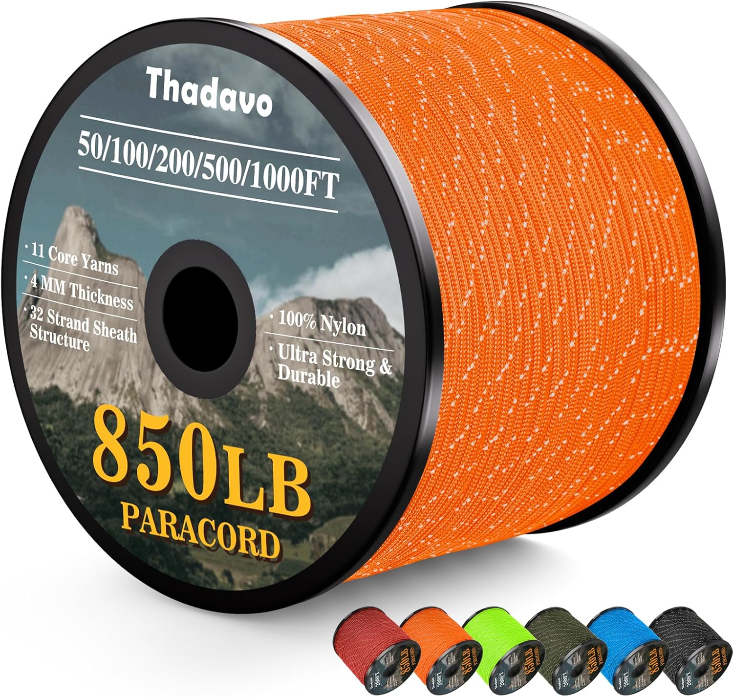 KTX-532179 Reflective Paracord Rope 850lb Strength, 4mm, 50-1000ft Lengths for Camping, Hiking, DIY Projects and Emergency Use