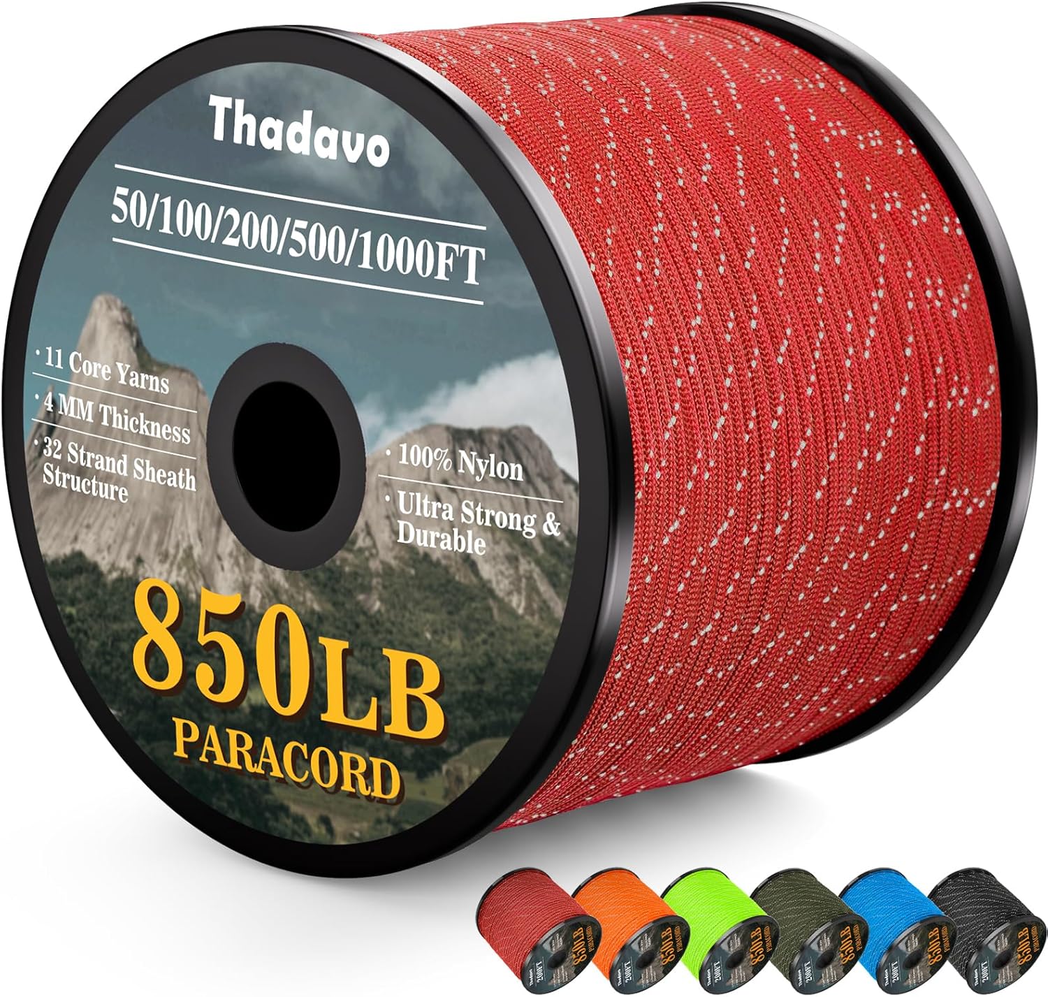 KTX-532179 Reflective Paracord Rope 850lb Strength, 4mm, 50-1000ft Lengths for Camping, Hiking, DIY Projects and Emergency Use