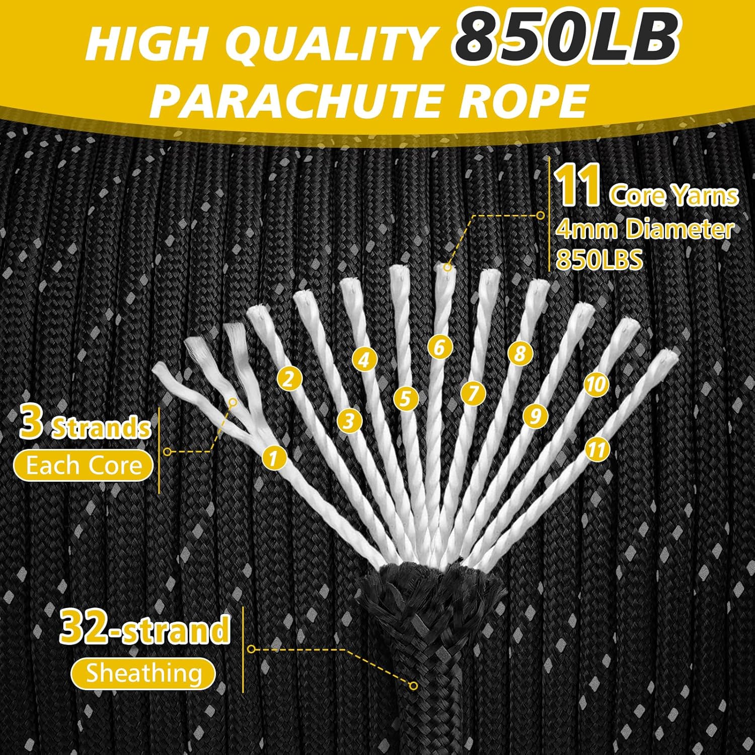 KTX-532179 Reflective Paracord Rope 850lb Strength, 4mm, 50-1000ft Lengths for Camping, Hiking, DIY Projects and Emergency Use