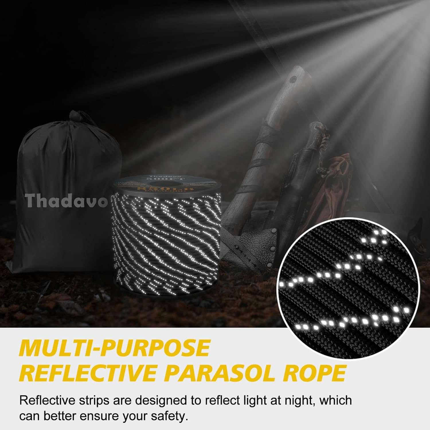 KTX-532179 Reflective Paracord Rope 850lb Strength, 4mm, 50-1000ft Lengths for Camping, Hiking, DIY Projects and Emergency Use
