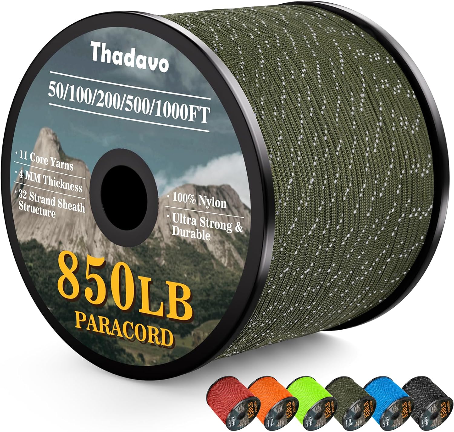 KTX-532179 Reflective Paracord Rope 850lb Strength, 4mm, 50-1000ft Lengths for Camping, Hiking, DIY Projects and Emergency Use