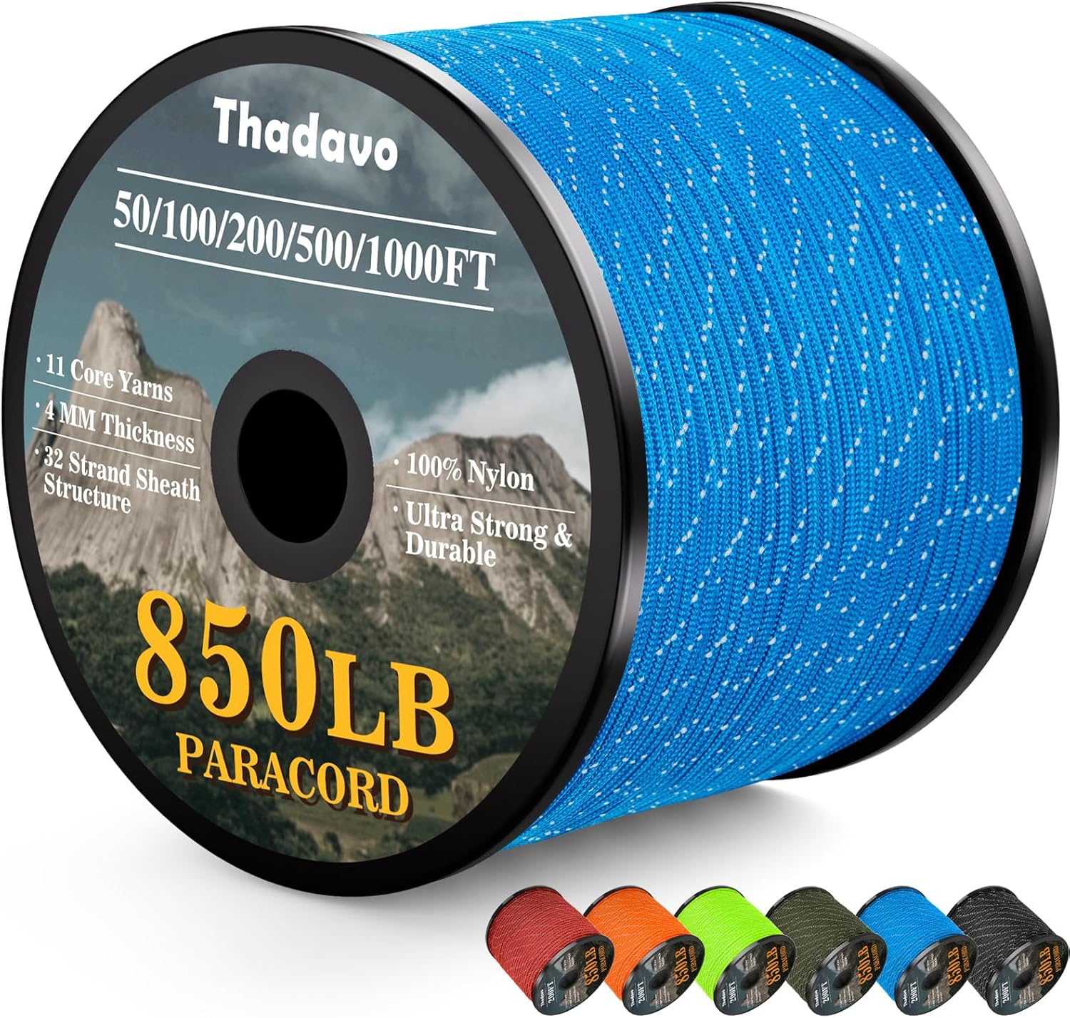 KTX-532179 Reflective Paracord Rope 850lb Strength, 4mm, 50-1000ft Lengths for Camping, Hiking, DIY Projects and Emergency Use