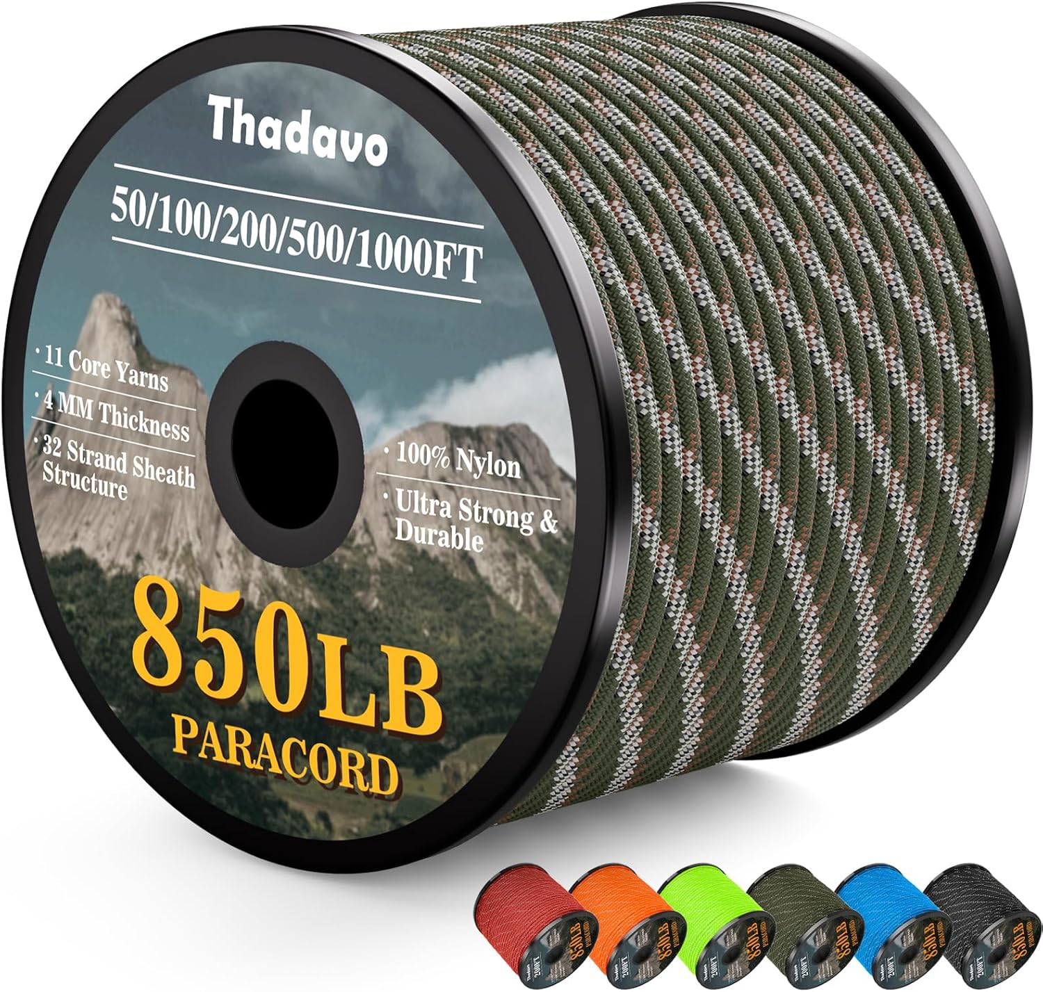 KTX-532179 Reflective Paracord Rope 850lb Strength, 4mm, 50-1000ft Lengths for Camping, Hiking, DIY Projects and Emergency Use