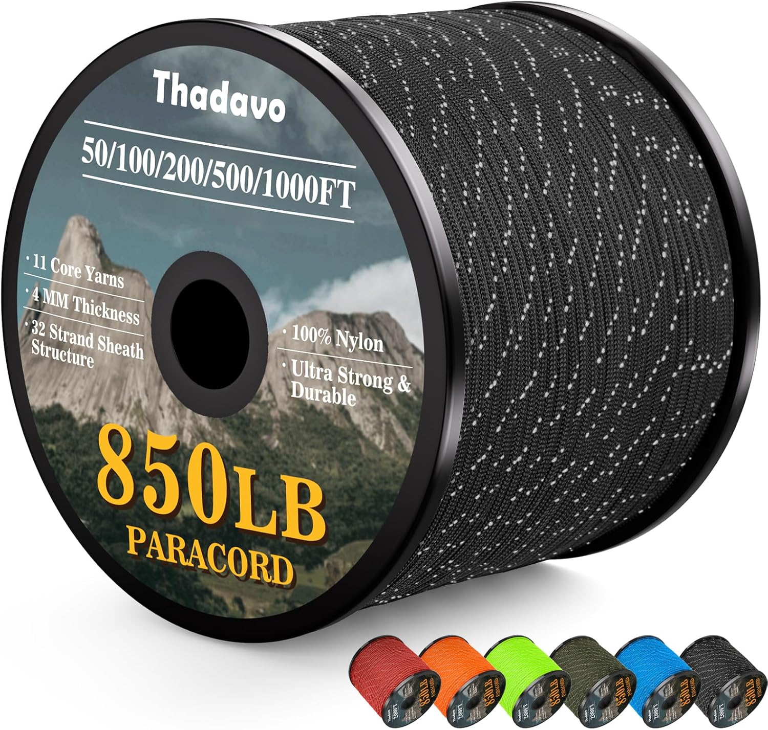KTX-532179 Reflective Paracord Rope 850lb Strength, 4mm, 50-1000ft Lengths for Camping, Hiking, DIY Projects and Emergency Use