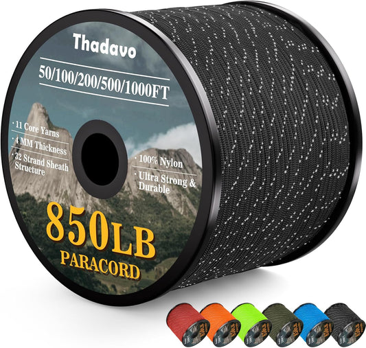 KTX-532179 Reflective Paracord Rope 850lb Strength, 4mm, 50-1000ft Lengths for Camping, Hiking, DIY Projects and Emergency Use