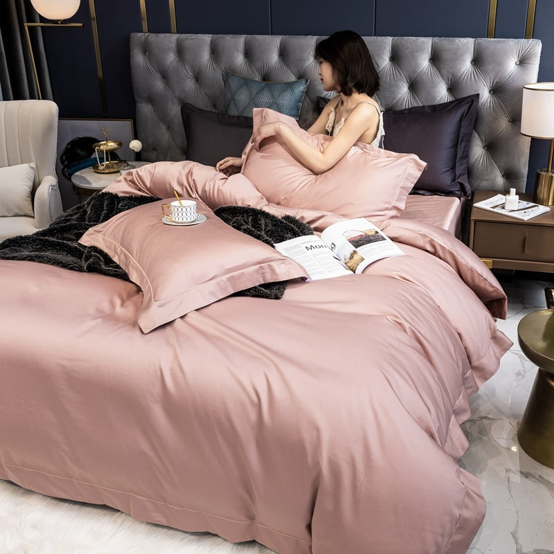 KTX-532307 Long-Staple Cotton Four-Piece Bed Sheet Set with Contrast Color Embroidery - Modern Nordic Style