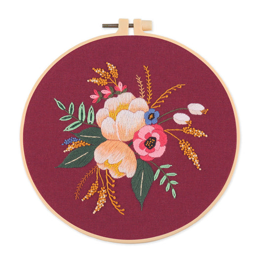 KTX-532819 Nordic Pure Cotton DIY Embroidery Kit - Fancy Flowers & Plants Design, 30x30 Canvas with 20 Diameter Embroidery