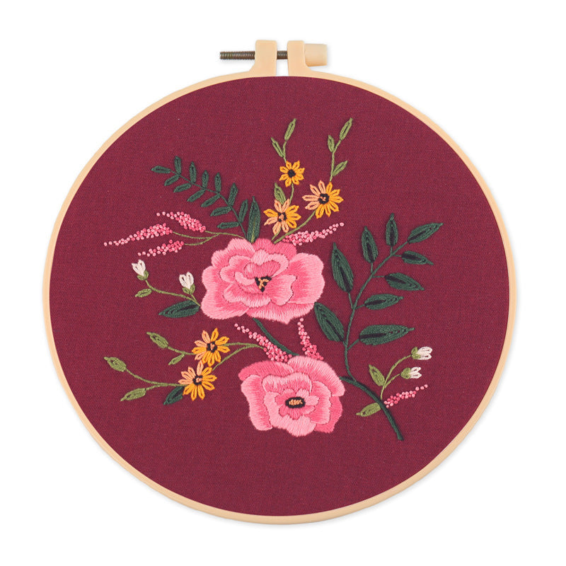 KTX-532819 Nordic Pure Cotton DIY Embroidery Kit - Fancy Flowers & Plants Design, 30x30 Canvas with 20 Diameter Embroidery