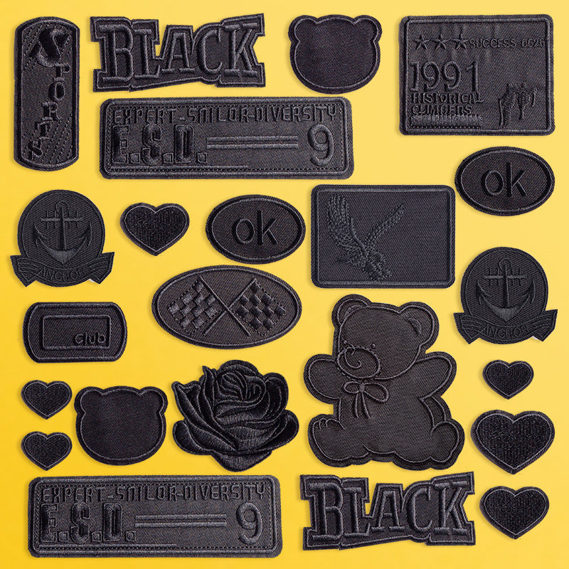 KTX-533971 Self-Adhesive Black Embroidery Patch for Clothing Repair - 6 Stickers Set