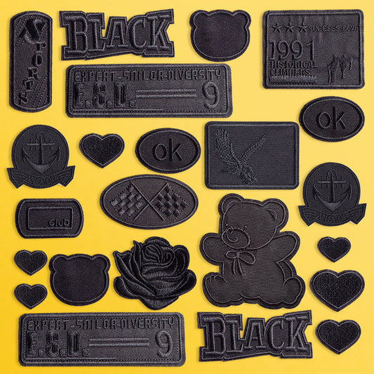 KTX-533971 Self-Adhesive Black Embroidery Patch for Clothing Repair - 6 Stickers Set