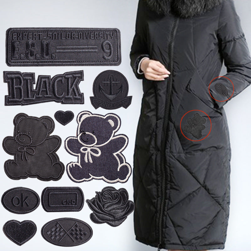 KTX-533971 Self-Adhesive Black Embroidery Patch for Clothing Repair - 6 Stickers Set