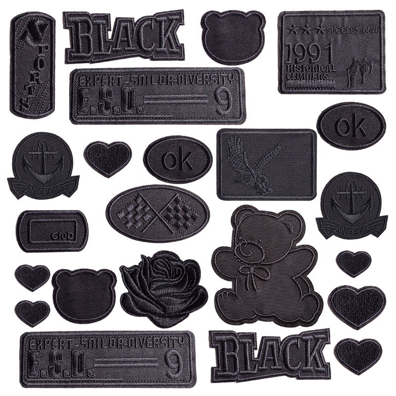 KTX-533971 Self-Adhesive Black Embroidery Patch for Clothing Repair - 6 Stickers Set