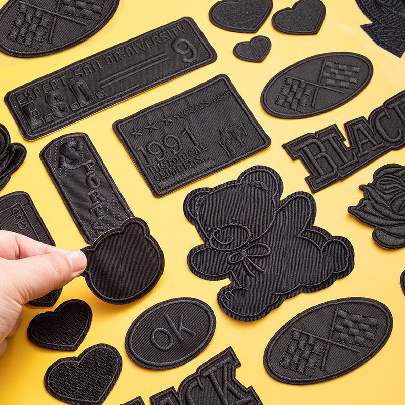 KTX-533971 Self-Adhesive Black Embroidery Patch for Clothing Repair - 6 Stickers Set